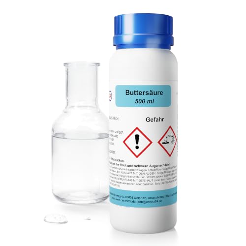 Centra24 Buttersäure >99,5% 500ml – n-Butansäure C4H8O2 Laborchemikalie | Technische Qualität für Synthese, Forschung & Labor | Im sicheren HDPE-Gefahrstoffgebinde mit Originalitätsring